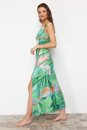 Green Tropical Print Maxi Woven Beach Dress Tbess24El00098