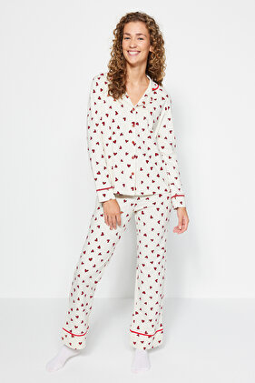 Beige Knitted Pajama Set with Heart Trim - 100% Cotton Thmaw24Pt00103