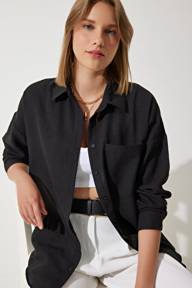 Woman's Black Oversize Linen Ayrobin Shirt DD01222