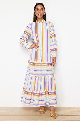 Lilac Striped Skirt Ruffle Linen Look Woven Dress TCTSS24EB00105
