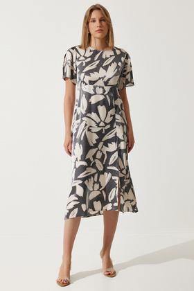 Women's Smoked Patterned Satin Surface Slit Summer Dress CR00430