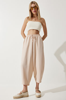 Kadın Krem Cepli Keten Viskon Şalvar Pantolon CV00001