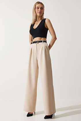 بنطال رجالي منسوج واسع الساق باللون الكريمي للنساء HG00001