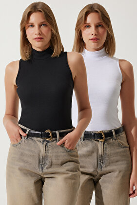 بلوزة نسائية محبوكة ذات ياقة مدورة بدون أكمام حزمة من قطعتين باللونين الأبيض والأسود GT00012