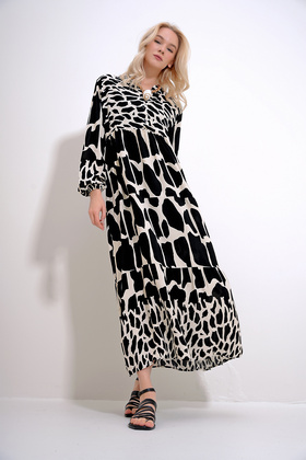 Women's Black Robasi Buttoned Patterned Layered Flounced Woven Viscose Dress ALC-X12034