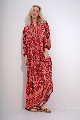 Women's Tile Magnifying Collar Buttoned Skirt Flounced Patterned Maxiboy Dress ALC-X12037