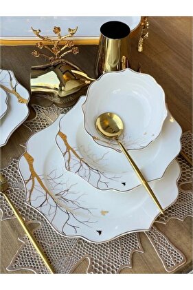 Symbol Tree Tree Pattern White Gold Porcelain Cornered FLUFFY PLATE Exelans-290