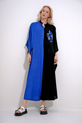 Women's Saks Black High Collar Color Block Embroidered Double Pocket Woven Viscose Dress ALC-X12017