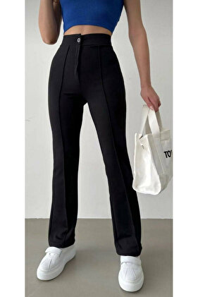 Dámské kalhoty Palazzo s vysokým elastickým pasem a žebrovaným prošíváním s ozdobnými knoflíky