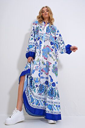 Women's White-Blue High Collar Shawl Patterned Maxi Length Dress ALC-X11593