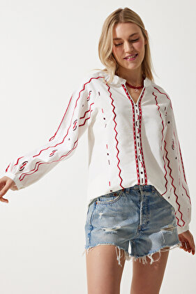 Women's Ecru Embroidered Linen Surface Blouse ES00150