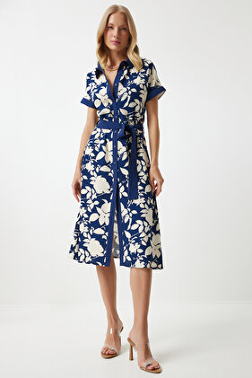 Navy Blue Floral Pattern Thin Viscose Summer Dress - DD01311
