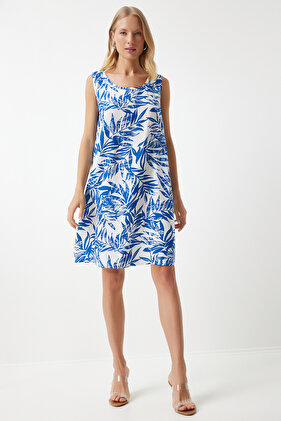 فستان كتان فيسكوز قصير - أزرق داكن وأبيض منقوش BH00343