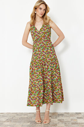 V-Neck Green Floral Print Sleeveless A-Line Knitted Dress - TWOSS22EL1588