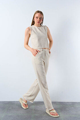 Women's Natural Blouse Trousers Linen Set