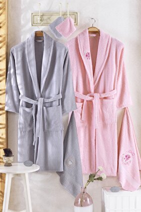 طقم روب حمام عائلي مكون من 8 قطع من قطن جوفينال باللون الرمادي للجنسين