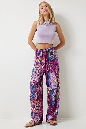 Women's Plum Ecru Patterned Draped Viscose Palazzo Trousers EN00606