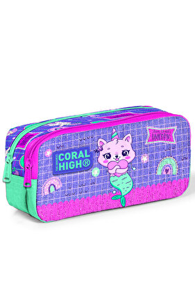 Kids Water Green Lavender Unicorn Cat Patterned Two-Compartment Pencil Bag 12051