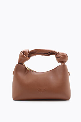 Tan Soft Leather Mini Baguette Bag - With Knot Detail and Chain Strap