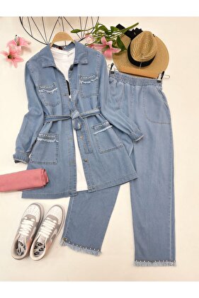 Two Pieces Jeans Set - Pearl Detailed