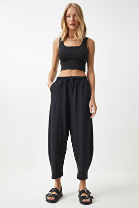 Kadın Siyah Cepli Keten Viskon Şalvar Pantolon CV00001