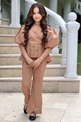 Beige Double Breasted Collar Girl's Set - Zipper and Belt Detail