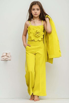 سترة بليزر قصيرة فضفاضة بتفاصيل زهرة الأقحوان ثلاثية الأبعاد للفتيات باللون الأصفر