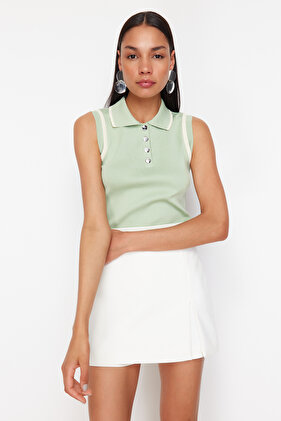 Mint Polo Neck Color Block Knitwear Thin Blouse Twoss24Bz00244