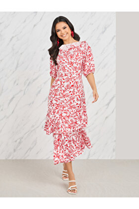 فستان ميدي كشكش بطبعات زهور