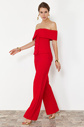 طقم علوي وسفلي أنيق منسوج باللون الأحمر TPRSS24AU00000