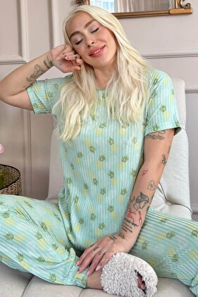 Green Pineapple Patterned Chain Short Sleeve Women's Pajamas Set