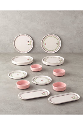Somnia 14 Piece Ceramic Breakfast Set - 6 Person, Green-Pink