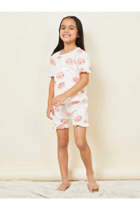 طقم تي شيرت مضلع بطبعات كرتونية بالكامل وأكمام كشكش وشورت