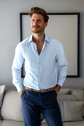 Blue Regular Fit Embroidery Detailed Easy-Iron Smart Shirt Tmnaw24Go00089