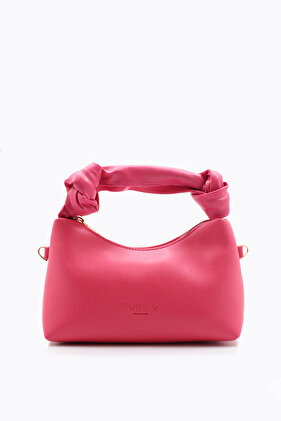 Women's Fuchsia Soft Leather Knot Detailed Handled Chain Strap Mini Hand Shoulder Baguette Bag