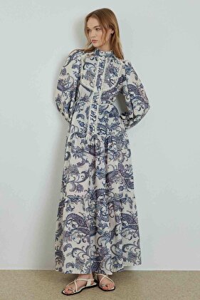 ETHNIC PATTERNED LINEN DRESS - BLUE