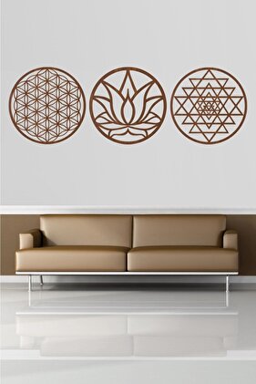 Yaşam Çiçeği Lotus Çiçeği Ve Sri Yantra 3'lü Set Kahverengi Duvar Tablosu