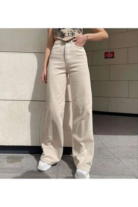 High Waist Beige Palazzo Jeans - Loose Trousers