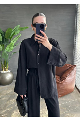 Black Textured Shirt and Pants Set