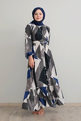 Anthracite Geometric Pattern Belted Viscose Dress