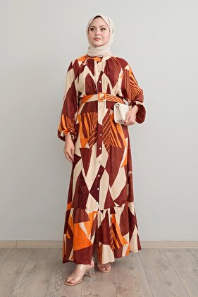 Brick Color Geometric Patterned Viscose Belt Dress