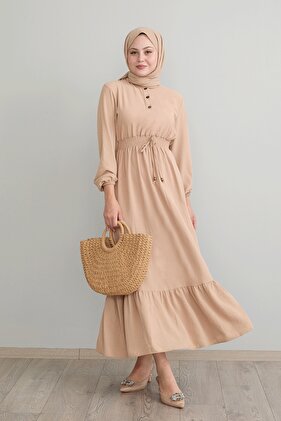Beige Colored Tena Elastic Waist Ayrobin Dress