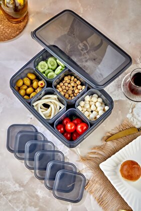 طقم فطور مخطط مفرغ من الهواء مكون من 6 صواني مربعة وأغطية مقسمة