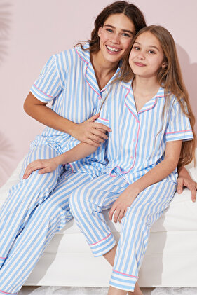Blue and White Striped - Short Sleeve and Button Knitted Pajamas Set