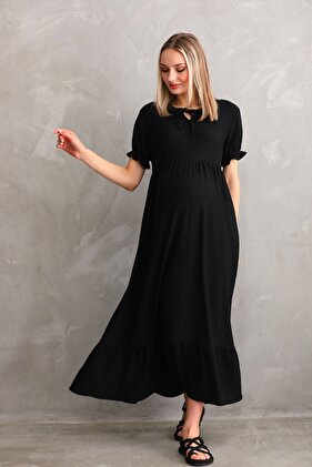 فستان منسوج للحوامل والأمومة مع تفاصيل شريطية على الياقة