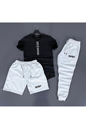 مجموعة مكونة من 3 قطع صيفية مطبوعة بخطوط ناسا باللونين الأسود والرمادي