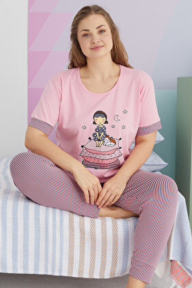 طقم بيجامة قطنية محبوكة كبيرة الحجم - منحنى متعدد الألوان