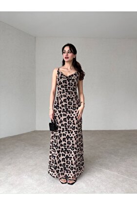 فستان ماكسي مزين بنمط الفهد مع أشرطة قابلة للتعديل