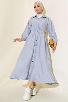 Metal Buttoned Striped Hijab Dress - Boydan