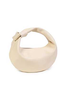 Women's Cream Mini Baguette Knot Detailed Zippered Handbag
